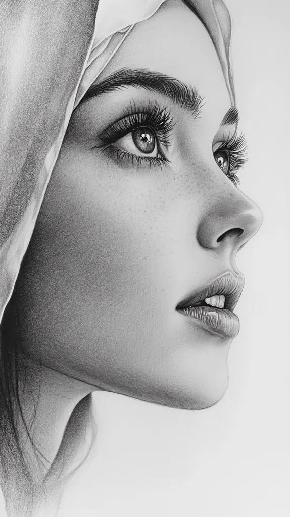 Here's a description of the image:

The detailed pencil sketch portrays a woman's face in profile, her gaze directed upward and to the right.  Her features are delicately rendered, showcasing subtle details like freckles across her nose and cheeks, and long, expressive eyelashes. She's partially veiled by a draped fabric that covers her head and shoulders, adding a sense of mystery and elegance. The shading and use of light and shadow create a three-dimensional effect, giving the drawing a realistic quality.  The overall mood is contemplative and serene.