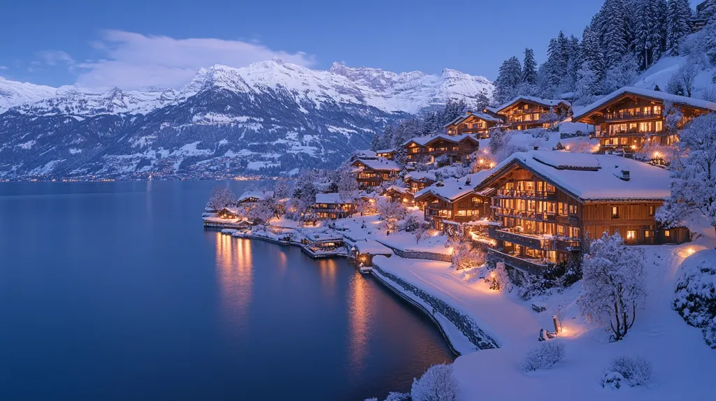 Here's a description of the image:

A picturesque village nestled on a snow-covered hillside overlooking a tranquil lake, is bathed in the warm glow of twilight.  Traditional, chalet-style homes with illuminated windows are clustered together, creating a cozy and inviting atmosphere.  The backdrop features majestic snow-capped mountains, under a clear, dark blue sky. The scene exudes serenity and winter charm. The lake reflects the lights of the village, enhancing its beauty. The entire scene evokes a sense of peaceful alpine luxury.