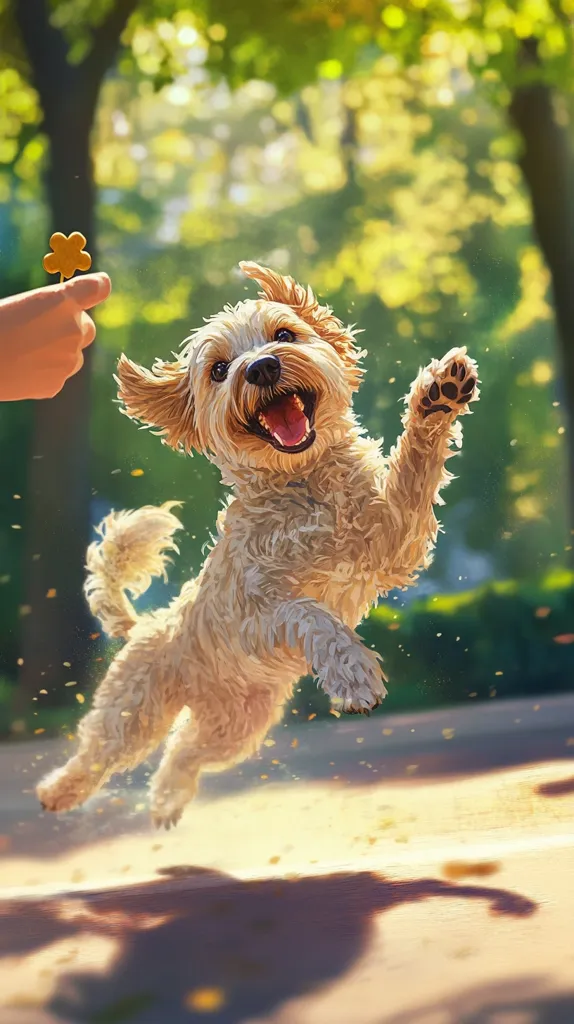 A fluffy, light-brown dog joyfully leaps in the air, its mouth open in a happy bark. A hand extends a small, flower-shaped treat, prompting the dog's enthusiastic jump. The background is a softly blurred park scene bathed in sunlight, dappling the ground with light and shadow. The overall mood is one of playful energy and warm contentment, capturing a sweet moment between a dog and its owner.