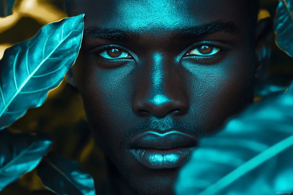 Close-up portrait of a dark-skinned man's face, illuminated in teal light.  His intense gaze is directly at the viewer.  Large, vibrant teal leaves partially obscure his face, creating a striking contrast between the skin and foliage. The image has a moody, artistic feel, with a focus on texture and lighting. The overall effect is dramatic and visually captivating.