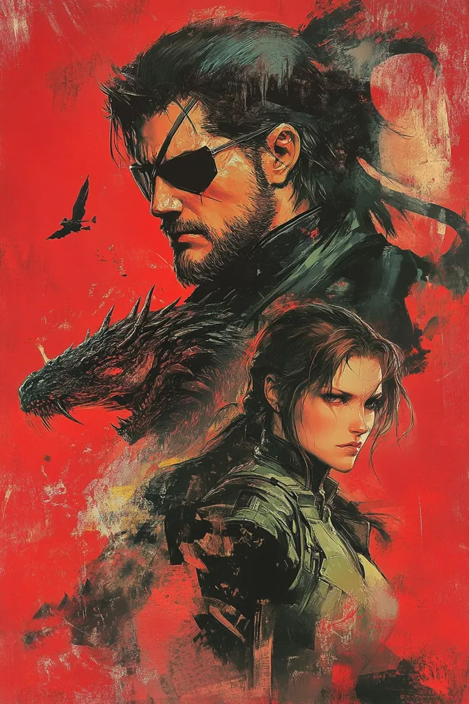 A striking artwork, painted in a gritty, textured style, showcases two figures against a bold red backdrop. A man, possibly a soldier or mercenary, with dark hair tied back, sunglasses, and a beard, dominates the left side.  A woman with determined features, possibly a comrade or partner, is positioned to his right. A menacing, dark dragon-like creature is subtly incorporated, partially obscuring the man's shoulders. The overall mood is intense and action-oriented, hinting at a narrative of conflict or adventure.  The style is expressive, prioritizing mood and character over precise detail.