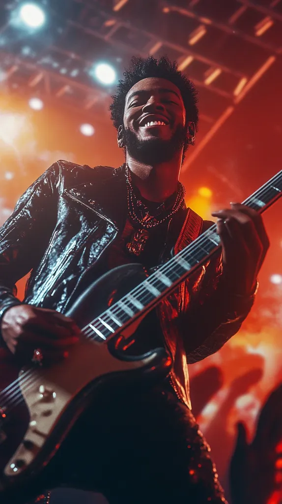 Here's a description of the image:

A low-angle, close-up shot captures a young, Black male musician joyfully playing an electric guitar on a stage bathed in warm, red and orange lighting. He's wearing a black leather jacket, multiple necklaces, and his expression is one of pure exhilaration. The background is blurred, suggesting a lively concert atmosphere with indistinct shapes of other people and stage lights. The focus remains sharply on the musician and his guitar, emphasizing the energy and passion of his performance. The overall mood is energetic and exciting.