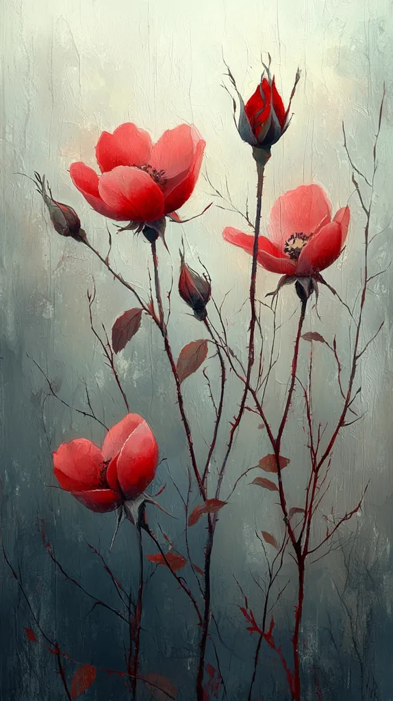 The painting depicts a cluster of vibrant red roses against a muted blue-grey background.  The roses, in various stages of bloom, are attached to spindly, dark branches with thorns.  The style is painterly, with visible brushstrokes, giving a textured and somewhat melancholic feel.  The background has a hazy, slightly textured quality that contrasts with the sharp detail of the blooms.  The overall effect is both delicate and stark.