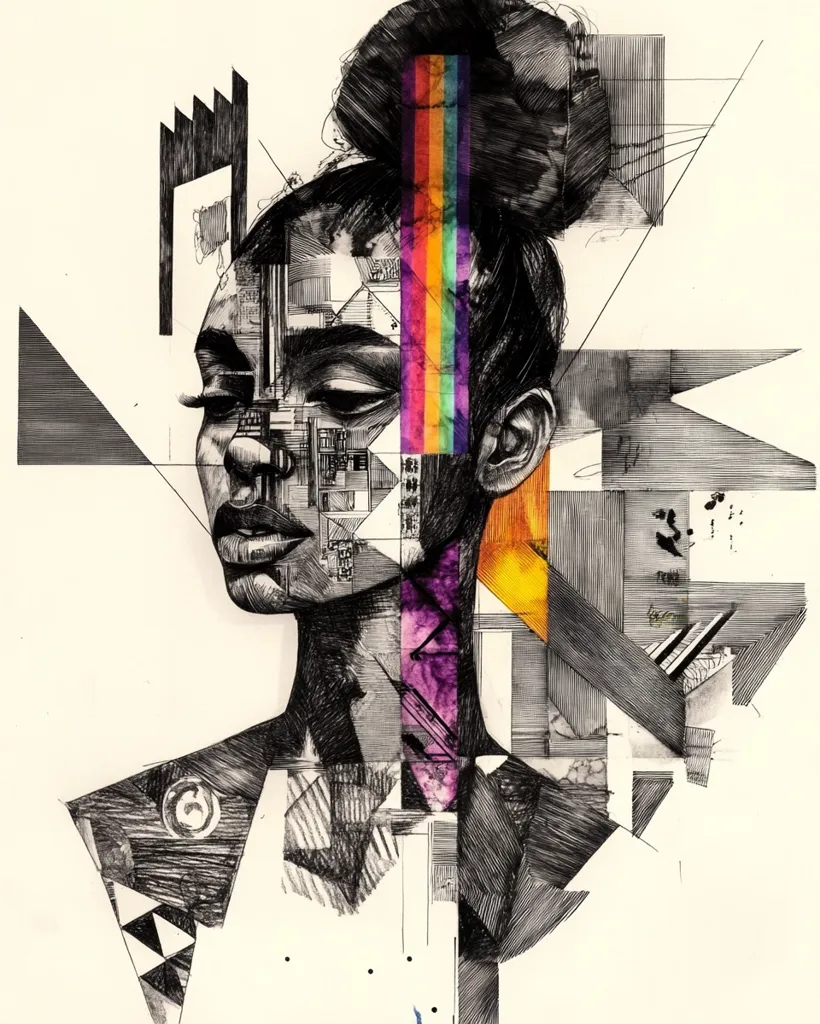 This striking artwork is a stylized portrait of a Black woman with a topknot hairstyle.  The portrait is rendered in predominantly black and white ink, utilizing hatching and cross-hatching techniques to create shading and texture.  Geometric shapes and fragmented architectural elements are layered over the figure, creating a collage-like effect.  A vibrant, rainbow-hued vertical stripe bisects the image, adding a splash of bold color against the predominantly monochrome palette. The overall style is a blend of realism and abstraction, suggesting a complex interplay between identity and environment.