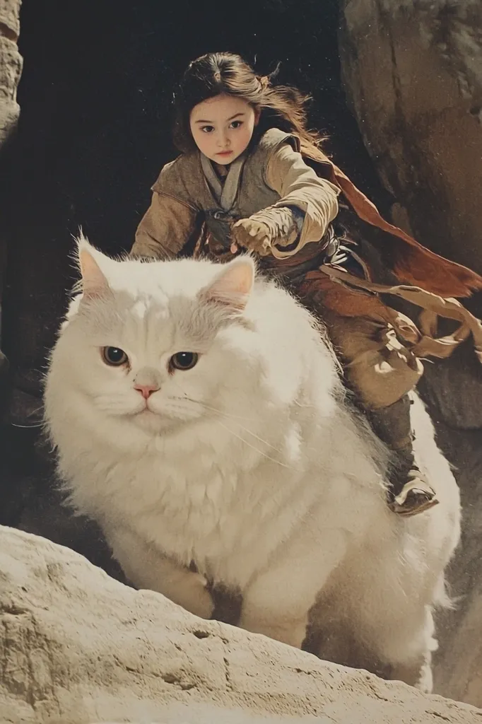 A young girl, dressed in earthy-toned, medieval-style clothing, rides a remarkably large, fluffy white cat.  The cat appears almost horse-sized. The setting is a dark, rocky cavern.  The girl grips the cat's back, her expression serious and determined. The overall image blends fantasy and reality, creating a whimsical and slightly surreal scene.