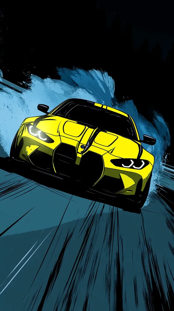 Here's a description of the image:

The illustration showcases a vibrant yellow BMW M4, depicted in dynamic motion.  It appears to be speeding, leaving a trail of stylized blue water splashes or spray suggesting high speed and perhaps wet conditions. The car is sharply rendered with bold lines, highlighting its aerodynamic design.  The background is dark, emphasizing the car and its forward momentum. The style is a blend of realism and graphic design, with speed lines further enhancing the sense of velocity. The overall mood is energetic and powerful.