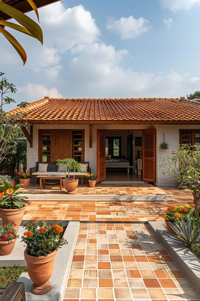 Here's a description of the image:

The photo showcases a charming, single-story house with a terracotta tile roof.  The house has a light-colored exterior with large, wooden double doors that open onto a patio.  The patio is paved with terracotta tiles in varying shades of orange and brown.  Several potted plants, including flowering ones, are arranged around the patio, adding a touch of vibrant color. A simple wooden couch sits on the patio near a small wooden table.  The overall aesthetic is relaxed and blends seamlessly with the surrounding greenery and sunny sky.