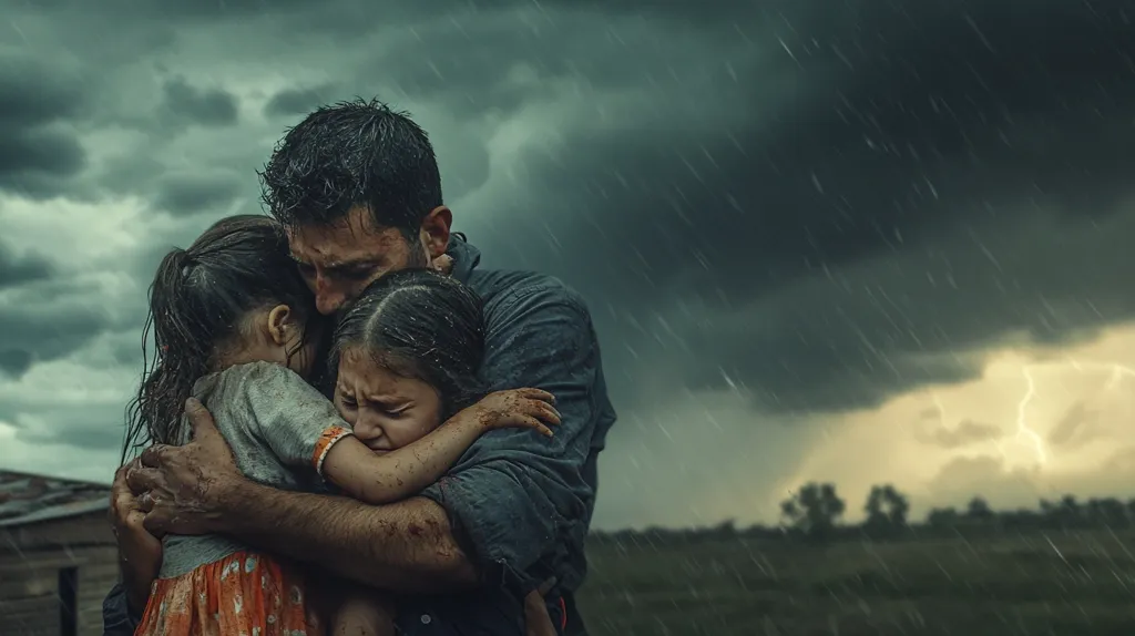 A distraught father, his face etched with worry and possibly injury, tightly embraces his two young daughters amidst a torrential downpour.  The rain lashes down under a stormy sky, lit by flashes of lightning in the distance. The girls cling to him, their faces stained with dirt or possibly blood, their bodies trembling. The scene evokes feelings of vulnerability, fear, and the protective strength of a parent during a crisis.  The setting appears rural, suggesting a possible aftermath of a natural disaster.