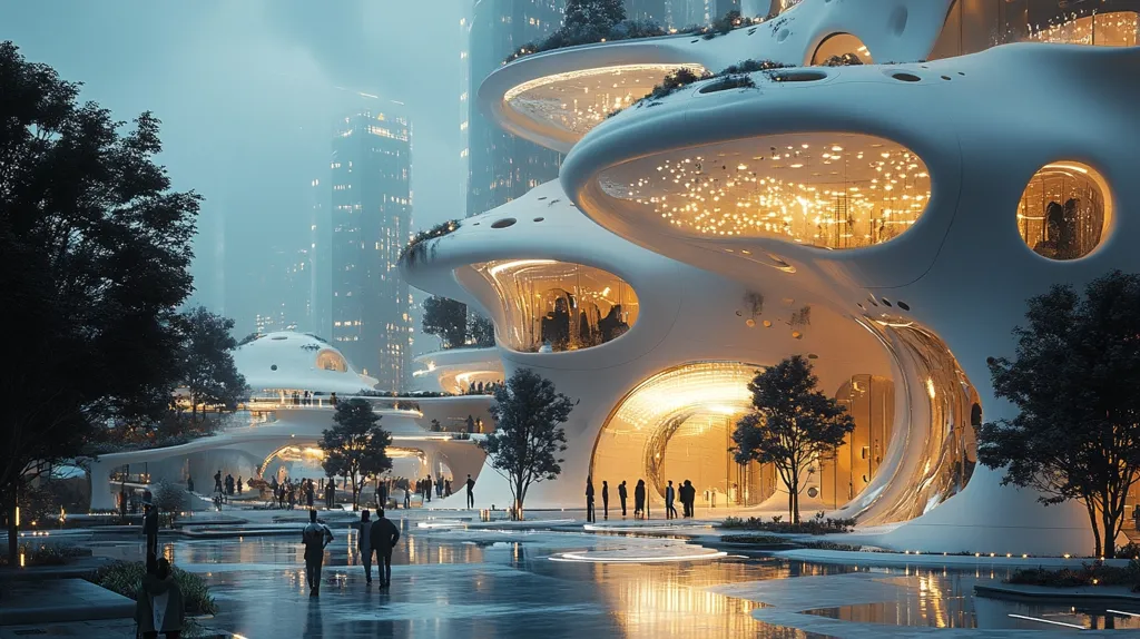 The image depicts a futuristic cityscape at twilight. A central, organically-shaped building, glowing warmly from within, dominates the scene. Its smooth, white curves and large, irregular windows suggest a biomorphic design.  Smaller, similarly styled structures surround it, all nestled among lush, dark green trees. People stroll in a plaza reflecting the building’s light on a wet surface. Tall, modern skyscrapers rise in the misty background, creating a compelling contrast between organic and geometric architecture. The overall mood is tranquil and otherworldly.