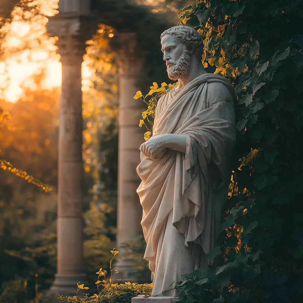 Here's a description of the image:

Bathed in the warm glow of a setting sun, a classical marble statue of a bearded man stands serenely.  Dressed in flowing robes, his posture suggests contemplation or quiet dignity.  He is positioned against a lush backdrop of vibrant green ivy, partially obscuring him. The statue is situated within the ruins of a classical structure, with weathered pillars partially visible in the soft-focus background.  The scene evokes a sense of timeless history and serene beauty, blending the ancient and the natural world.