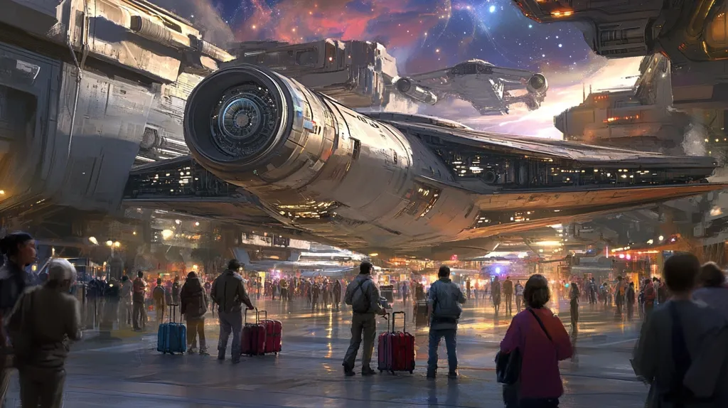 Here's a description of the image:

The artwork depicts a bustling futuristic spaceport under a starry sky. A massive, sleek spaceship dominates the scene, its engine prominently displayed, parked above a throng of travelers with luggage.  Smaller spacecraft are visible in the background, adding to the sense of scale and activity. The port itself is a blend of industrial architecture and ambient lighting, creating a vibrant, lively atmosphere.  People are scattered throughout the scene, their sizes diminishing with distance, giving a sense of depth. The overall style is digital painting, with a focus on atmospheric perspective and detailed rendering of the spacecraft.