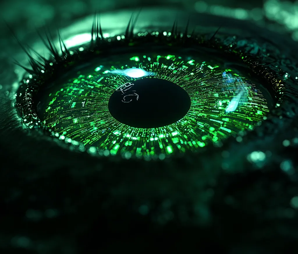 Here's a description of the image:

The image is a close-up of a stylized eye, rendered in dark greens and blacks.  The iris is strikingly detailed, appearing to be composed of glowing, green data streams or circuits.  These lines radiate outwards from a dark pupil, creating a mesmerizing effect. The surrounding eyelids are textured and dark, contrasting with the vibrant luminescence of the iris. The overall impression is one of technological sophistication and perhaps artificial intelligence, suggesting a cybernetic or futuristic eye.