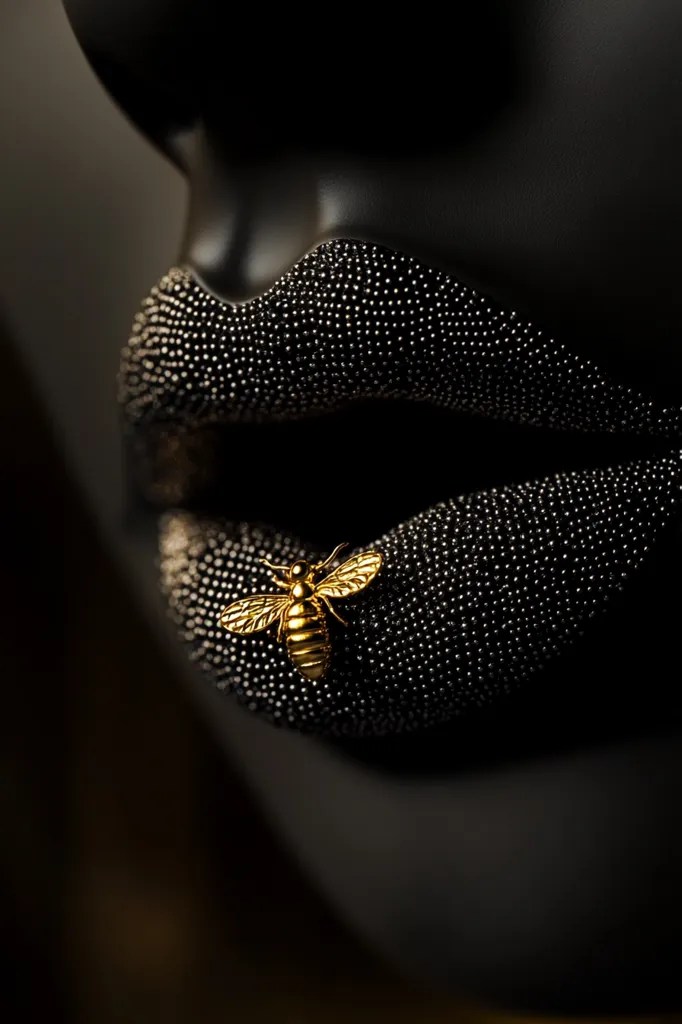 Here's a description of the image:

Close-up view of a dark-skinned mannequin's lips, heavily textured with small, dark beads or sequins.  A small, gold bee-shaped adornment rests delicately on the lower lip. The overall aesthetic is dark, luxurious, and slightly surreal, emphasizing texture and contrast between the matte black skin and the shimmering lip texture and gold accent. The lighting focuses intently on the lips, leaving the rest of the mannequin in shadow.