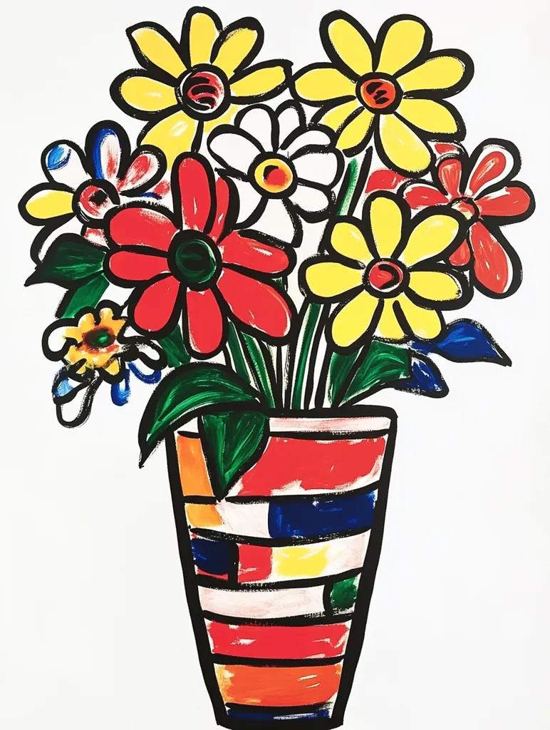 A vibrant, childlike painting depicts a bouquet of colorful flowers in a striped vase.  Bold, black outlines define large, simple blooms in red, yellow, and white, radiating energy. The vase is similarly styled with broad horizontal stripes of red, orange, yellow, blue, and white. The overall effect is bold and joyful, suggesting a naive or folk-art aesthetic. The white background accentuates the artwork's bright colors.