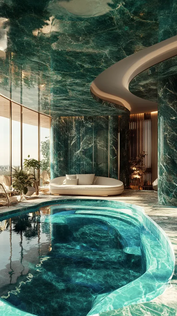 Here is a description of the image:

The image shows a luxurious indoor pool area.  The walls and ceiling are clad in rich, dark green marble with striking veining. A curved, off-white sofa sits beside the pool, which has a modern, free-form design and teal-colored water. Large windows offer a panoramic view of a cityscape and greenery.  The overall aesthetic is one of opulence and tranquility, combining natural elements with high-end design.  Gold accents are subtly incorporated into the room's architecture.