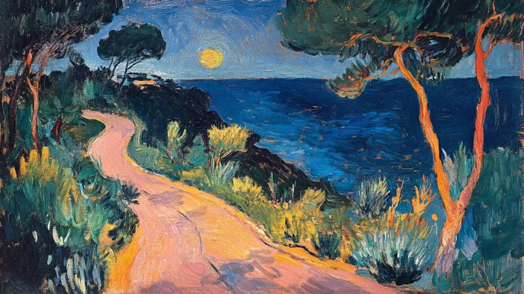This painting depicts a coastal scene at twilight. A winding, pinkish-orange road descends towards a dark blue sea under a large, pale yellow moon.  Lush, vibrant green and yellow vegetation lines the road, with dark green pines standing prominently. The artist uses visible brushstrokes and a bold color palette to create a textured, expressive landscape. The overall mood is serene and slightly melancholic, evoking a feeling of quiet solitude.