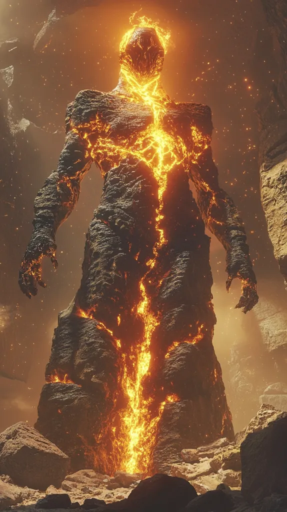 A digital rendering depicts a colossal, humanoid figure composed of dark, rough stone, seemingly infused with molten, glowing orange lava.  The fiery core runs vertically through the figure's center, creating a striking contrast against the darker exterior. It stands within a desolate, rocky landscape, suggesting a volcanic or otherworldly environment. The overall impression is one of immense power and otherworldly majesty.