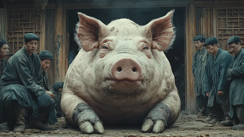 Here's a description of the image:

An enormous pig, seemingly larger than life, dominates the foreground.  Its pale skin is marked with dirt, and it sits calmly, its large size emphasized by the group of men in dark, drab clothing standing behind it.  The men appear to be villagers, dressed simply, observing the pig with a mixture of awe and perhaps apprehension. The setting suggests a rural, perhaps impoverished, village in East Asia, with a rustic wooden building in the background. The overall mood is one of quiet contemplation and mystery surrounding the unusually large animal.