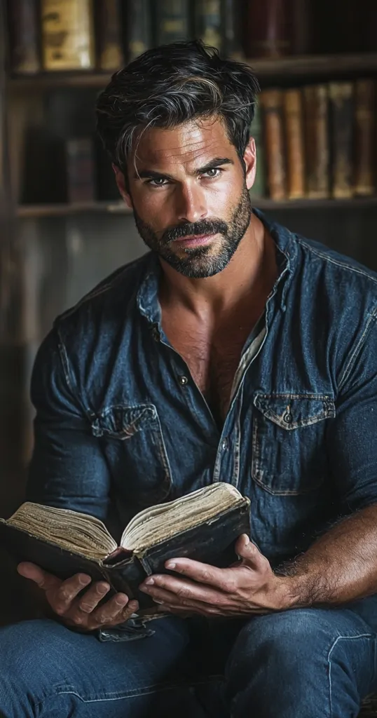 A ruggedly handsome man with dark hair and a well-groomed beard sits before a bookshelf, holding an antique book.  He's dressed in a dark denim shirt, open at the chest, and jeans.  His intense gaze meets the viewer directly, conveying a sense of strength and introspection. The dimly lit setting and aged book suggest a thoughtful, possibly studious, personality.  The overall mood is one of quiet masculinity and contemplation.