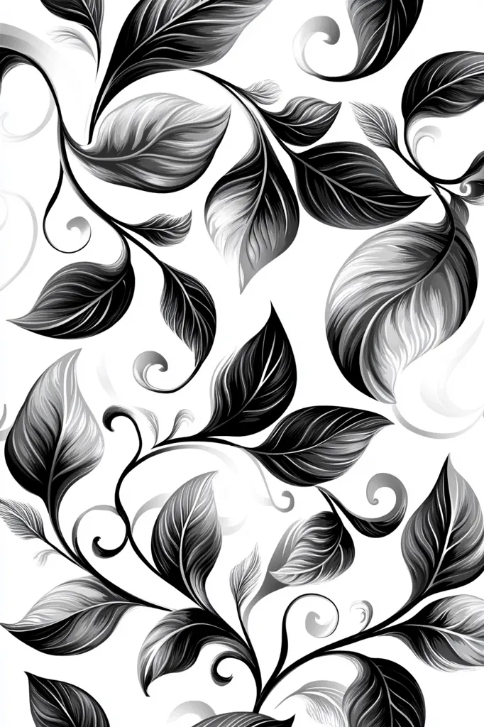 The image is a seamless pattern featuring stylized black and gray leaves and swirling vines on a white background.  The leaves are realistically rendered, with shading creating depth and texture. The vines intertwine organically, creating a flowing, elegant design. The grayscale palette provides a sophisticated and classic look, suitable for various applications like wallpaper or fabric. The overall impression is one of refined beauty and natural elegance.
