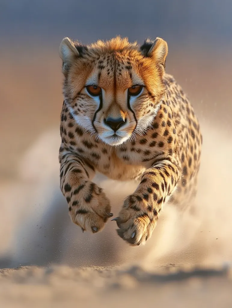 A cheetah is captured mid-stride, its powerful legs extended in a blur of motion.  Dust kicks up around its paws as it runs across a sandy surface.  The cheetah's intense gaze is directed forward, its spotted coat highlighted by the natural light. The image conveys a sense of speed, grace, and the untamed beauty of the African wilderness.