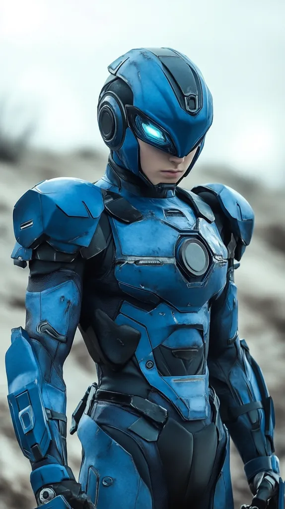 The image shows a person wearing a futuristic, blue power suit. The suit is highly detailed, with visible plating and technological elements. The helmet is sleek and helmet-like, with glowing blue accents around the eyes. The overall aesthetic is sleek, strong, and technologically advanced, suggesting a superhero or sci-fi character. The backdrop is a blurred, desolate landscape, enhancing the suit's prominence. The pose is serious and slightly tense, suggesting preparedness for action.