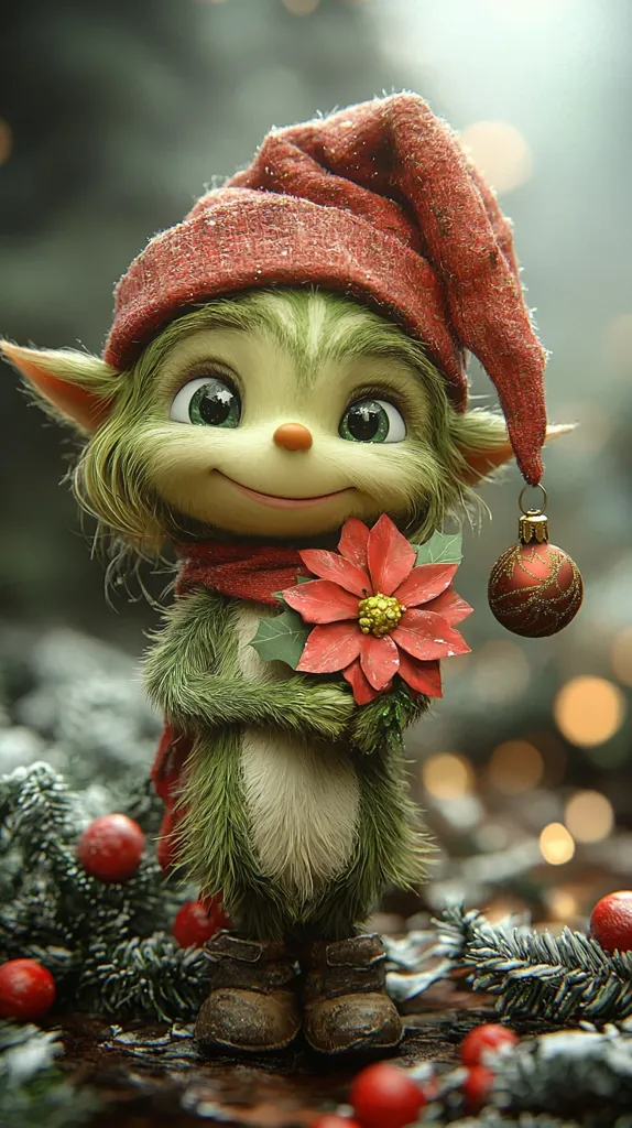 A charming, green, furry creature, resembling an elf, is depicted. It wears a red, pointed hat and a matching scarf, and holds a vibrant poinsettia.  Large, expressive eyes and a cheerful demeanor are evident.  A small, ornate Christmas ornament hangs from its hat. The elf stands amidst festive greenery and red berries, creating a whimsical Christmas scene. The image is highly detailed, suggesting a digital rendering.