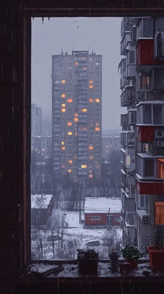 Here's a description of the image:

The image is a view from a window on a rainy, snowy day.  A tall, multi-story apartment building stands prominently in the middle ground, its many windows glowing warmly against the gray, overcast sky.  To the right and left, other apartment buildings are partially visible, similarly snow-covered. The foreground shows a windowsill with potted plants, rain falling on the windowpane, and a generally muted, cold color palette. The overall mood is quiet and contemplative, evoking a sense of urban winter.  Bare, snow-dusted trees fill the space between the buildings.