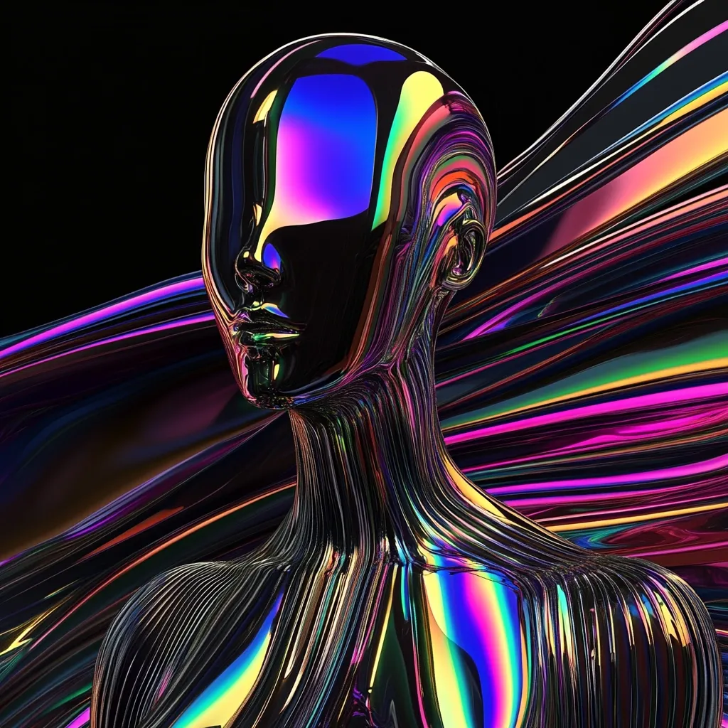 The image showcases a stylized, chrome-like female bust against a backdrop of iridescent, flowing fabric. The figure's surface displays a vibrant spectrum of rainbow hues, reflecting light intensely.  The fabric's swirling, multicolored texture contrasts with, yet complements, the sleek, almost robotic lines of the bust, creating a visually striking, futuristic aesthetic. The overall effect is one of both elegance and technological advancement.