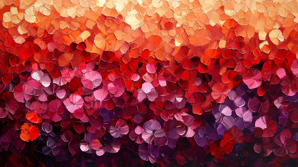 The image is an abstract painting dominated by a dense array of petal-like shapes.  The color palette transitions smoothly from warm oranges and reds at the top, gradually deepening into rich crimson and dark purples at the bottom.  The impasto technique, with thick, visible brushstrokes, adds texture and a sense of depth to the floral forms. The overall effect is one of vibrant energy and visual warmth.