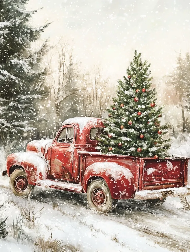 A vintage red pickup truck, dusted with snow, carries a beautifully decorated Christmas tree through a snowy winter landscape.  The scene is idyllic and peaceful, with snow falling gently on the evergreen trees lining the road. The truck's weathered paint adds to the rustic charm, evoking a sense of nostalgia and the spirit of a classic Christmas. The overall mood is serene and heartwarming.