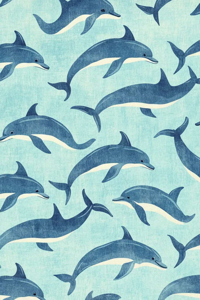 A repeating pattern of dolphins swims across a pale blue background. The dolphins are a darker shade of blue, rendered in a slightly textured style, giving the impression of a watercolor or fabric print. They are depicted in various positions, gracefully moving through the water, creating a dynamic and lively underwater scene.  The overall effect is cheerful and evokes a sense of peace and tranquility.