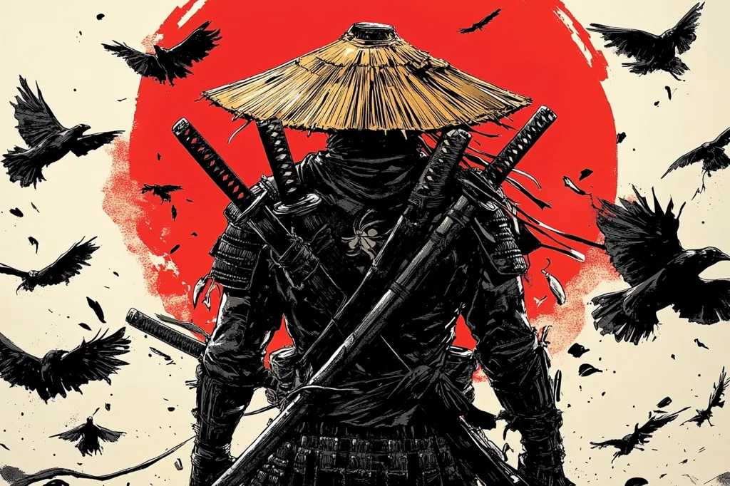 The image depicts a samurai, seen from behind, silhouetted against a large red sun.  He wears a traditional straw hat and carries two katana swords strapped to his back.  Numerous black crows surround him, creating a dramatic and atmospheric scene. The style is graphic and stylized, emphasizing strong lines and bold contrasts. The overall feeling is one of mystery and quiet intensity, hinting at a tale of adventure or conflict.