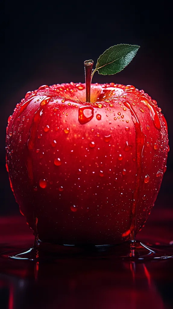 A vibrant red apple, glistening with water droplets, takes center stage against a dark backdrop.  Its stem and a single green leaf are visible at the top.  A dramatic trickle of liquid runs down the apple's side, pooling on the reflective surface below, enhancing the rich, crimson tones of the image.  The overall effect is one of intense color and captivating detail.