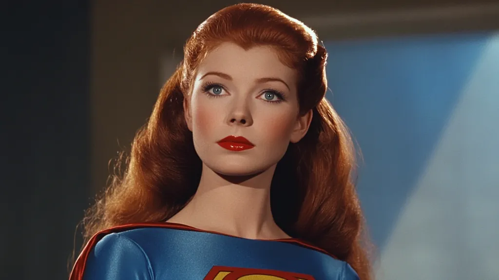 Here is a description of the image:

The image shows a close-up of a woman with vibrant red hair styled in a classic, upswept fashion.  She has striking blue eyes and wears bold red lipstick. Her complexion is fair and her makeup is subtly applied, emphasizing her features.  She is dressed in a blue superhero costume with a partially visible red 'S' symbol, suggestive of Supergirl. The background is blurred, showcasing a muted, slightly bluish tone. The overall mood is one of classic Hollywood glamour, combined with the iconic imagery of a female superhero.