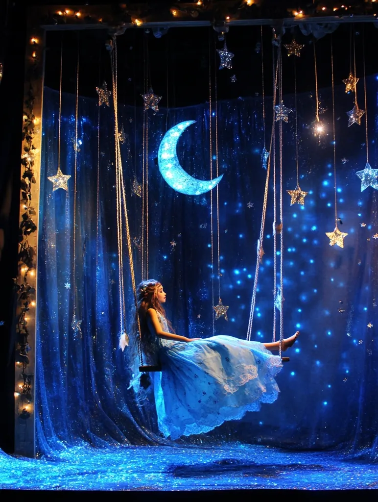 A young girl in a light blue dress sits on a swing suspended against a dark blue backdrop.  The scene is dramatically lit, mimicking a night sky with a large crescent moon and numerous twinkling stars.  Fairy lights adorn the frame, enhancing the ethereal, dreamlike atmosphere. The overall effect is magical and whimsical, suggesting a fantastical setting.