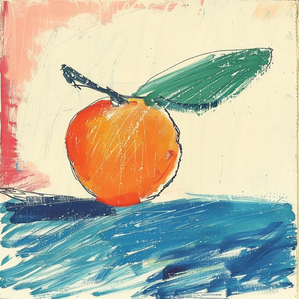 The artwork is an expressive painting of a single orange.  The orange is rendered in vibrant, textured strokes of orange and red, with a simplified, dark green leaf attached.  The background is a blend of pale yellow, pink, and blue, creating an impressionistic, almost abstract setting. The base on which the orange rests is depicted with bold, sweeping brushstrokes of teal and blue.  The style is loose and informal, emphasizing texture and color over precise detail.