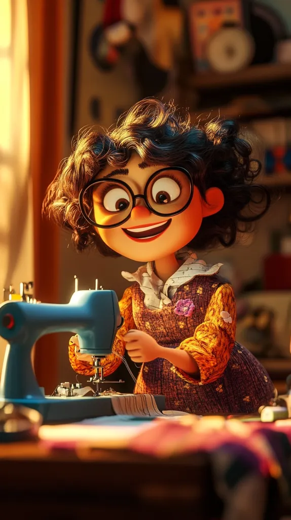 A cheerful, cartoon girl with dark, curly hair and large glasses operates a vintage sewing machine.  She's dressed in a patterned, orange and brown dress, and her expression is one of joyful concentration. The warm lighting suggests a cozy, homey atmosphere, with fabric and other sewing materials scattered on the table before her. The image is vibrant and detailed, with a focus on the girl's bright, expressive features.
