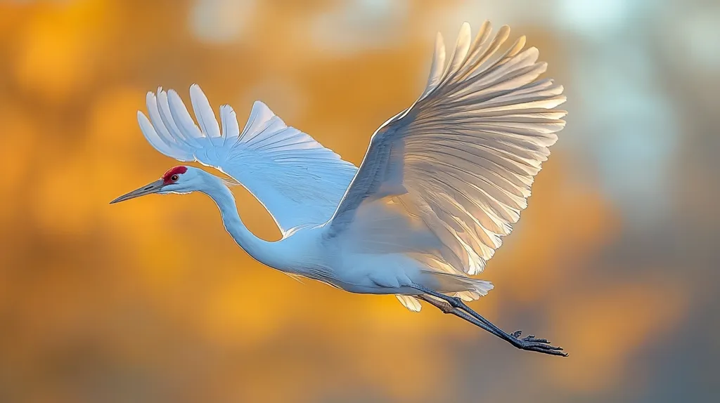 A white whooping crane is captured in mid-flight, its wings outstretched against a blurred, warm-toned background.  The sun illuminates the feathers, creating a soft glow.  The crane's red crown is visible, and its long legs extend behind it. The overall impression is one of grace, freedom, and the beauty of nature. The image evokes a sense of tranquility and the majesty of wildlife.