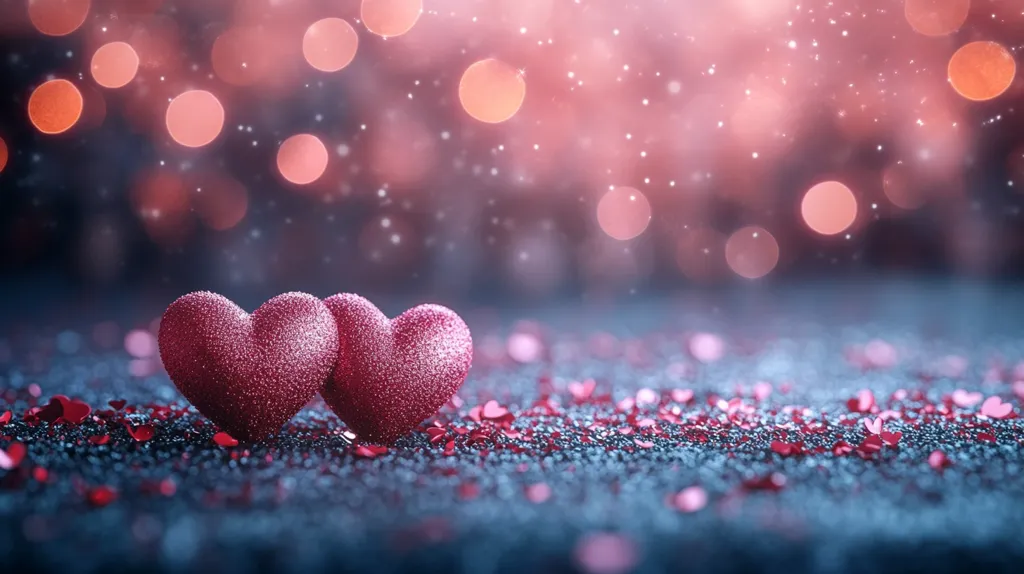 Two sparkling, crimson hearts sit nestled together on a bed of shimmering, dark-blue glitter.  Small, red heart-shaped confetti is scattered around them. The background is a soft, out-of-focus bokeh of pinkish-red lights, suggesting a romantic, celebratory atmosphere. The overall image evokes feelings of love, romance, and Valentine's Day.