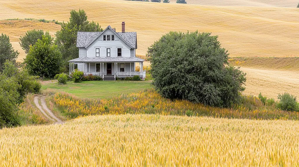 A weathered gray farmhouse with a wraparound porch sits serenely amidst rolling fields of golden wheat.  A dirt road leads to the house, which is partially shaded by a large, full green tree.  The surrounding landscape is a picturesque blend of cultivated fields and natural vegetation, creating a tranquil rural scene.  The overall impression is one of peaceful isolation and the beauty of the harvest season.