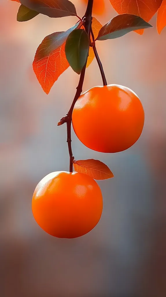 Here's a description of the image:

Two vibrant orange fruits, possibly persimmons or small oranges, hang from a slender branch.  The branch is adorned with leaves, a mix of deep green and autumnal orange-red hues, suggesting a transition between seasons. The fruits are perfectly round and glossy, catching the light. The background is softly blurred, a muted grey-brown, drawing focus to the brightly colored fruit and leaves hanging in the center.  The overall impression is one of serene autumnal beauty.
