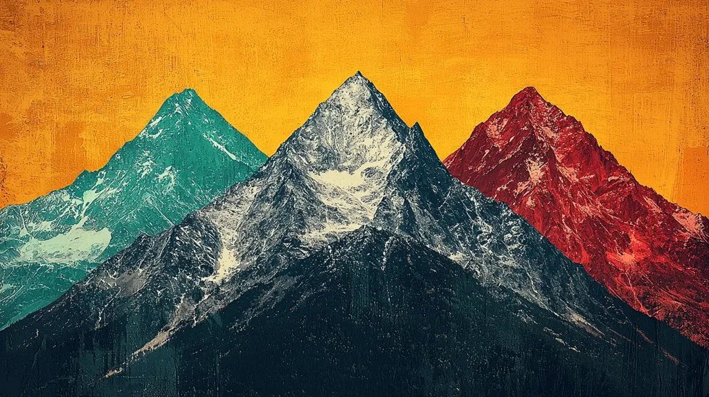 Here's a description of the image:

The artwork presents a stylized depiction of three majestic mountains against a vibrant, textured ochre sky.  The central peak is predominantly dark grey and black, speckled with white, suggesting snow. Flanking it are two mountains, one teal and one deep crimson, creating a striking color contrast.  The texture of the image is reminiscent of a painting or print, with visible brushstrokes or grain adding depth and a slightly vintage aesthetic.  The overall composition is balanced, with the central peak drawing the viewer's eye, while the color contrast of the side mountains adds visual interest.