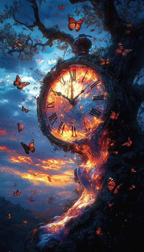 Here's a description of the image:

The artwork depicts a surreal scene where a large, antique clock, engulfed in flames, appears to be melting into a tree trunk.  Numerous orange butterflies flutter around the fiery clock and tree, which is set against a dramatic sunset sky. The overall mood is one of magical realism, blending elements of fantasy and the passage of time. The clock's fiery destruction juxtaposed with the delicate butterflies creates a striking visual contrast, symbolizing the ephemeral nature of time and life. The dark, gnarled tree adds to the mysterious and slightly ominous atmosphere.