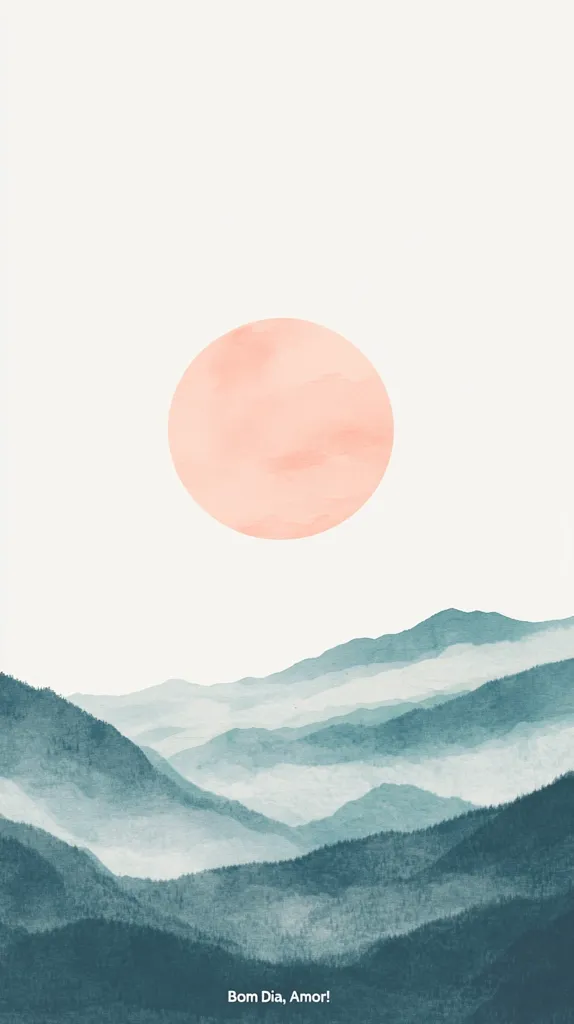 Here's a description of the image:

The image is a minimalist watercolor painting depicting a serene landscape.  A large, peach-colored circle, resembling a sun or moon, sits in the upper center against a white background. Below, rolling teal-blue mountains stretch across the bottom, layered with subtle variations in tone and texture, suggesting mist or fog in the valleys.  The overall mood is peaceful and calming.  The phrase "Bom Dia, Amor!" (Good Morning, Love!) is subtly placed at the very bottom.