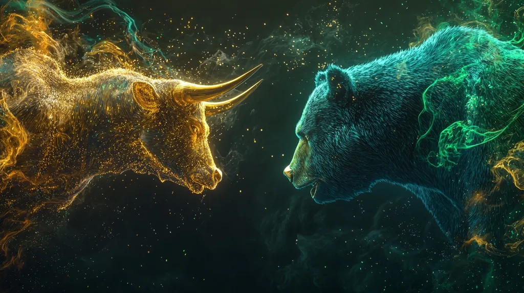 A digital artwork depicts a golden bull and a teal bear facing each other.  The animals are rendered in a particle effect style, appearing luminous and ethereal against a dark background sprinkled with glittering particles.  Swirling smoke-like trails in complementary gold and teal colors enhance the mystical atmosphere, suggesting a confrontation between opposing forces. The image evokes the concept of market forces in finance, represented by the classic bull and bear symbols.