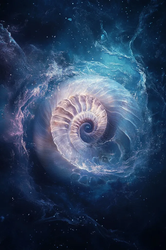 A mesmerizing image depicts a nautilus shell, its pearly spiral a striking contrast against a deep blue, cosmic backdrop. The shell appears to be embedded within a swirling nebula, its intricate structure highlighted by ethereal luminescence.  The color palette is dominated by blues and purples, creating a sense of otherworldly depth and mystery. The overall impression is one of serene beauty and the interconnectedness of nature and the cosmos.