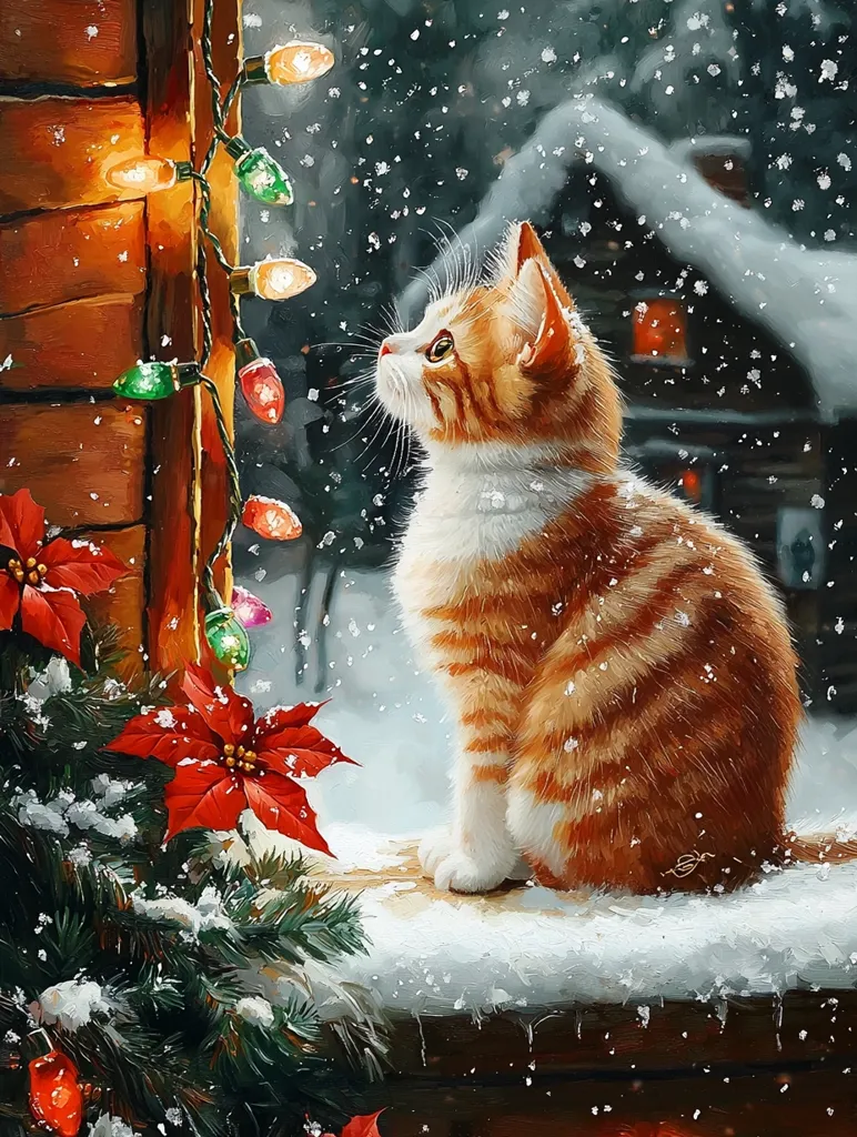 Here's a description of the image:

A charming painting depicts an orange tabby kitten sitting on a snow-covered windowsill, gazing out at a softly falling snow. Christmas lights strung along the window frame cast a warm glow, contrasting with the cool winter scene.  A poinsettia and snow-dusted evergreen branches flank the kitten, adding to the festive atmosphere.  A snow-covered cabin is visible in the background, enhancing the cozy winter setting.  The overall style is painterly, with visible brushstrokes and a focus on light and texture.