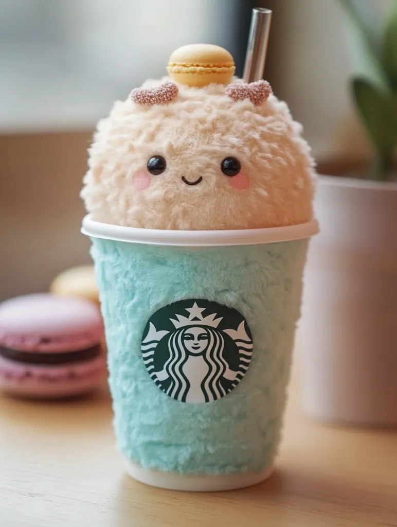 A fluffy, pastel-colored plush sits in a Starbucks cup, resembling a sweet treat.  The plush has a smiling face, large eyes, and a macaron on top.  The cup is covered in a light blue fuzzy material, showcasing the Starbucks logo.  The scene is peaceful and whimsical, with blurred macarons in the background adding to the overall aesthetic.  A straw peeks out from the top.