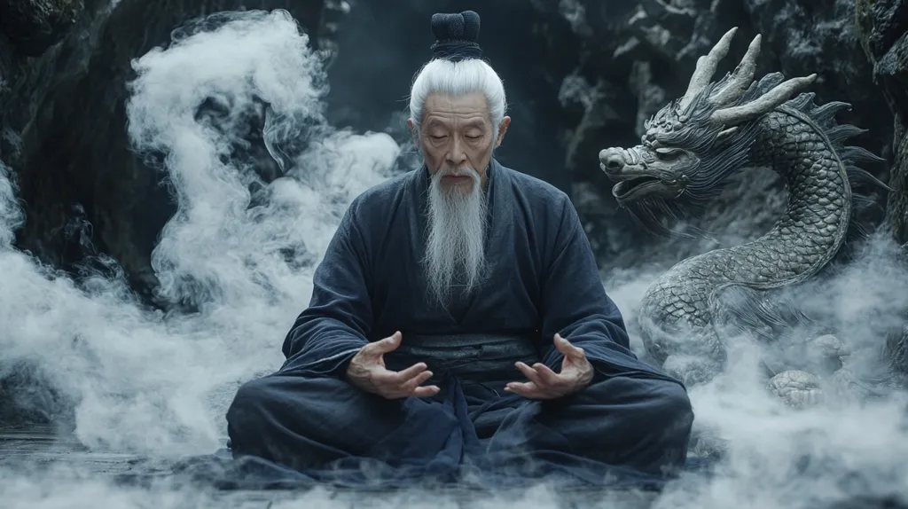 An elderly man with a long white beard and hair tied in a topknot sits cross-legged in a meditative pose. He is dressed in dark robes and his hands rest on his knees.  He is surrounded by swirling smoke, creating a mystical atmosphere. Behind him, a large stone carving of a dragon is partially visible, adding to the scene's ancient and spiritual feel. The setting appears to be a dark, rocky cave or alcove. The image conveys a sense of peace, wisdom, and connection to nature.